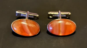 Vintage Sterling Silver Cufflinks with Orange-Brown Oval Stone - Picture 1 of 3