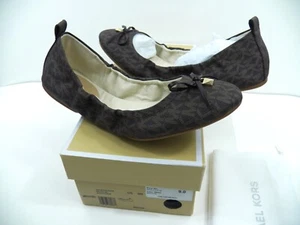 MICHAEL KORS NWT WOMENS 9 M JULIETTE BALLET FLAT SHOES BROWN CANVAS LOGO LUXURY - Picture 1 of 9