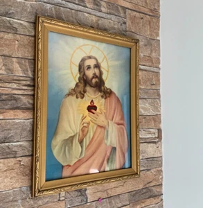 Sacred Heart Jesus Vintage Watercolor Hand Drawn Framed Religious 1950 Rare⭐ - Picture 1 of 10