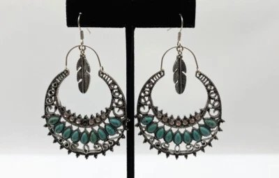Silver Tone Earrings Chandelier Boho Hippie Gypsy Crystal Turquoise Feather - Image 1 of 4