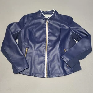 Marc Jacket Womens XL Blue Faux Leather Cafe Moto New York Full Zip Pocket Panel - Picture 1 of 12