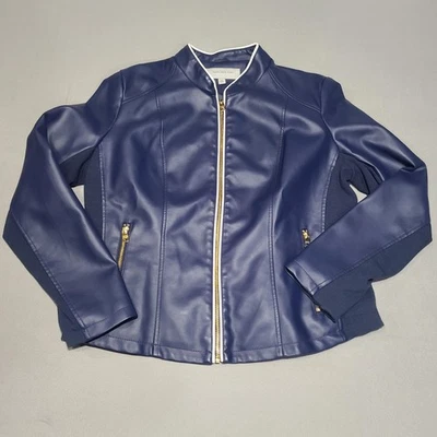Chaqueta Marc New York Mujer XL Azul Imitación Cuero Café Moto Cremallera Completa Panel Bolsillo Foto 1 de 4