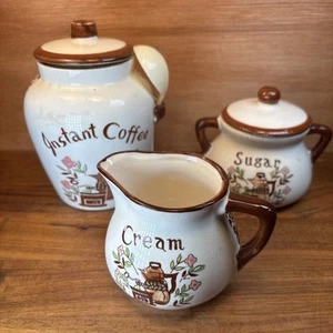 Vintage japanische Keramik Instant Kaffee Kanister mit Löffel und Milchkännchen und Zuckerdose - Bild 1 von 12