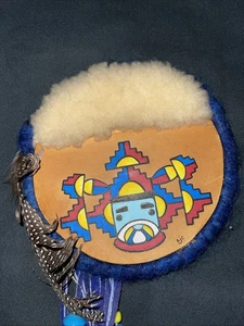 Vintage 7” Hopi Butterfly Kachina Maiden Disk Wall Art Leather Wood Wool Beaded - Picture 1 of 9