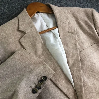Stafford Jacket Men 44L Tan Linen Blend Classic Fit Sport Coat Blazer Two Button - Image 1 of 4