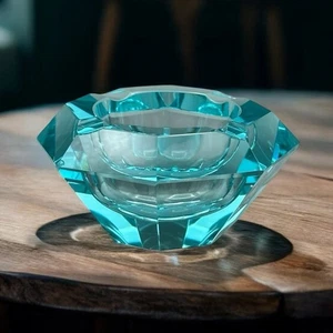 Moser Style Gem Ashtray Glows AS IS Blue Turquoise Glass Geometric Multifaceted - Picture 1 of 23