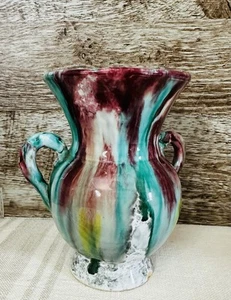 Italian Studio Art Pottery Vase Made In Italy Handles Glazed Multicolor - Picture 1 of 10
