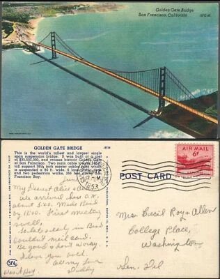 US Airmail Cover SF to College Place Washington 1953 PC SF Golden Gate Bridge - Image 1 of 3