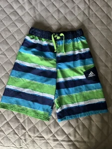 Adidas Swim Trunks Swimming Pocket Logo Striped Green Blue Boys Size L (10-12) - Picture 1 of 4
