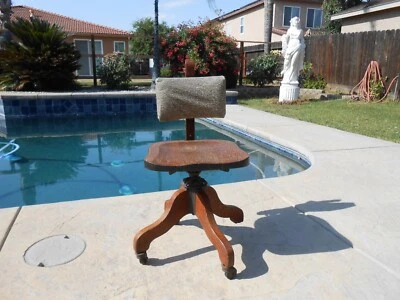 ~~ANTIQUE HEAVY WOOD & IRON SWIVEL ROLLING OFFICE BANKER CHAIR~~ - Image 1 of 4