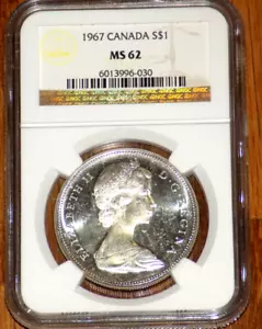 Dólar ganso de plata Canadá 1967 $1 NGC MS 62 moneda canadiense sin circular certificada graduada - Imagen 1 de 4
