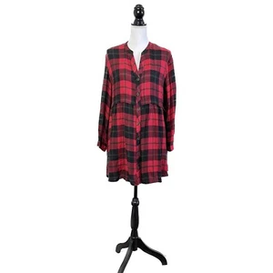 Zara L Flannel Dress Red Black Check Plaid Long Sleeve Button Front - Picture 1 of 8