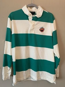 H & M Sesame Street Relaxed Rugby Shirt Embroidered Elmo Size Medium Green White - Picture 1 of 12