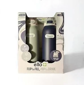 Ello Pop & Fill Stainless Steel Water Bottle 2-Pack – Eucalyptus & Sea Glass - Picture 1 of 4