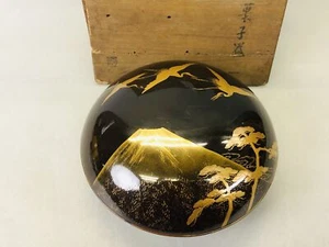 Y6654 CHAWAN Makie confectionery bowl lid signed box Mt.Fuji crane Japan antique - Picture 1 of 18
