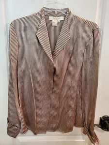 Peck & Peck Collection schwarz hellbraun gestreifte 100 % Seide Bluse -- Größe 8 - Bild 1 von 5