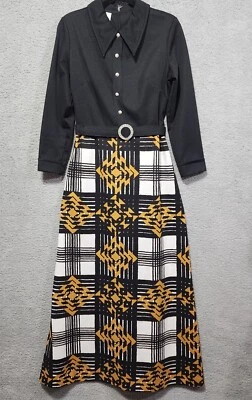 Maxi Vestido Puritan Forever Young Retro Años 70 Negro Dorado Cremallera Talla Pequeña Foto 1 de 4