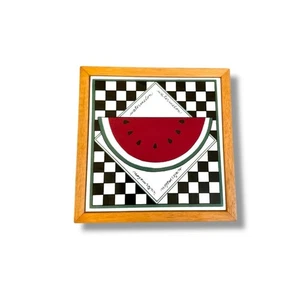 Vintage 1983 Marcia Kemp Watermelon Tile Trivet Wall Art Checkerboard 7" x 7" - Picture 1 of 5