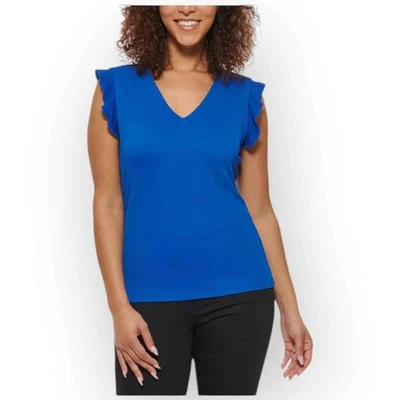 Blusa Andrew Marc para mujer manga corta con volantes cuello en V, azul regata, N254S Foto 1 de 2