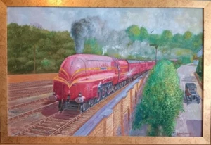 Original Eisenbahn Ölgemälde Schnellzug am Bahnhof Berkhamstead 1930er Jahre - Bild 1 von 1