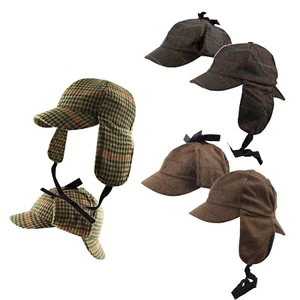 Deerstalker Tweed Check - Prince Of Wales Sherlock 2 Peaks Ear Flaps Hunting Hat - Picture 1 of 9