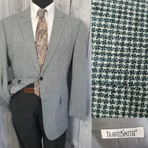 Vintage TravelSmith Mens Blazer 44R-46R Green Slub Silk Weave Jacket Sport Coat - Picture 1 of 20