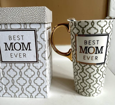 Best Mom Ever White Gray Gold Ceramic Travel Mug NIB - Image 1 of 4