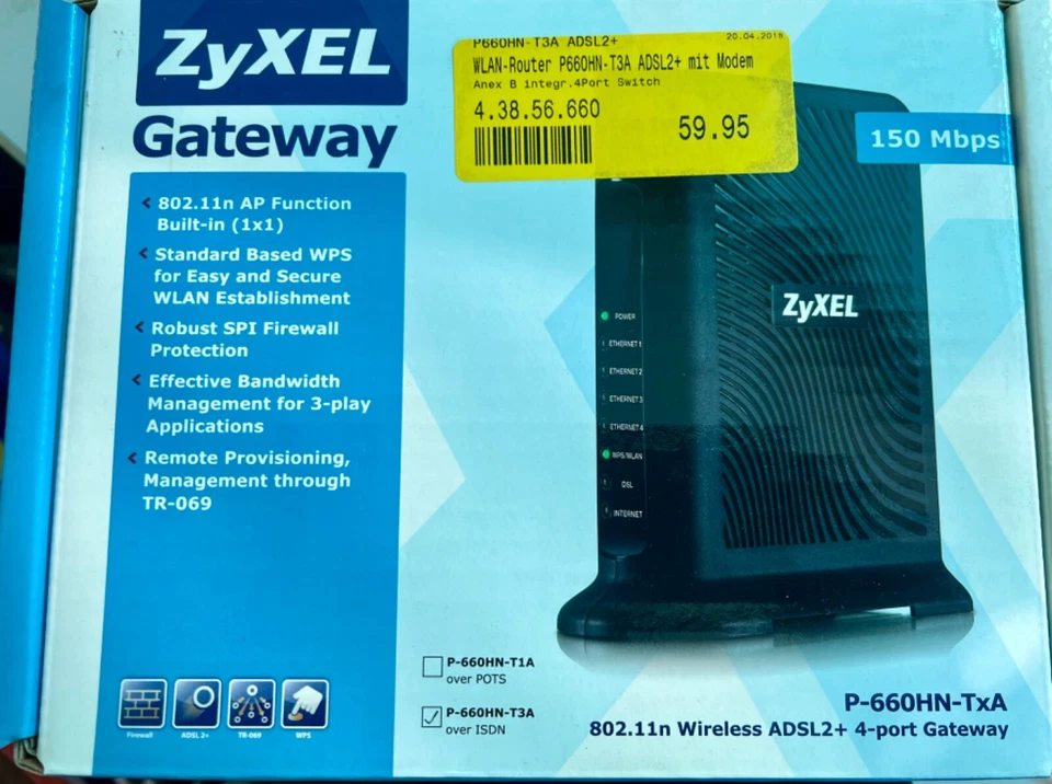 Router ZyXEL Gateway Wifi ADSL2 + 4 Anschluss 150Mbps P-660HN-TXA, neu, ovp - Bild 1 von 1