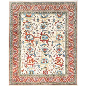 8'1"x9'9" White Wool 200 KPSI Heris Design Hand Knotted Oriental Rug R85615 - Picture 1 of 12