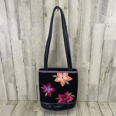 Liz Claiborne Embroidered 3 Flower  Small Handbag Colorful, Purple Stripe - Image 1 of 4