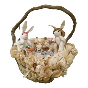 Bunny Corn Cob Husk Stick Round Basket Harvest Decor Farmhouse Country Folk Art - Picture 1 of 8