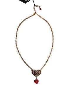 Dolce&Gabbana Women Gold Necklace Brass Heart Rose Crystals Embellished Chain - Picture 1 of 5