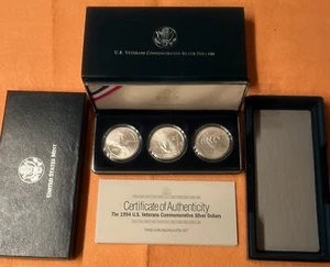 1994 United States Veterans Commemorative Silver Dollars 3 Piece Set BU OGP COA - Picture 1 of 6