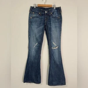 True Religion Womens Jeans Size 26 Blue Flare Leg Distressed Low Rise Denim - Picture 1 of 15