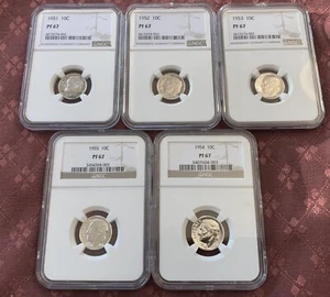 COLLECTION OF 5 ROOSEVELT DIMES - NGC MS 67 - 1951/1952/1953/1954/1955 - Picture 1 of 2