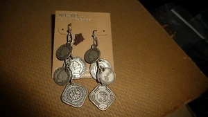 #624 Vtg costume PIERCED EARRINGS So Ho Sterling Mexico 2 1/4" L Dangling Coins - Picture 1 of 7