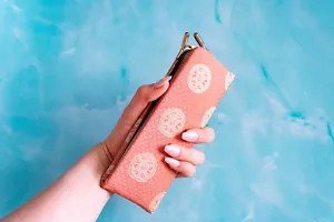 Silk Japanese Asian Oriental Wallet Kimono Pink-Orange Peach Gold Billfold Check - Picture 1 of 9