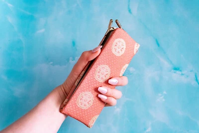 Silk Japanese Asian Oriental Wallet Kimono Pink-Orange Peach Gold Billfold Check - Image 1 of 4