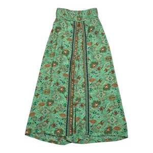 Boho Floral Pants Silk Blend Free Size Green Pull On Elastic Open Front Palazzo - Imagen 1 de 14