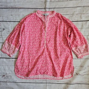 Biesen rosa weiß Blumenmuster Baumwolle V-Ausschnitt 3/4 Ärmel Top Damen Small - Bild 1 von 6