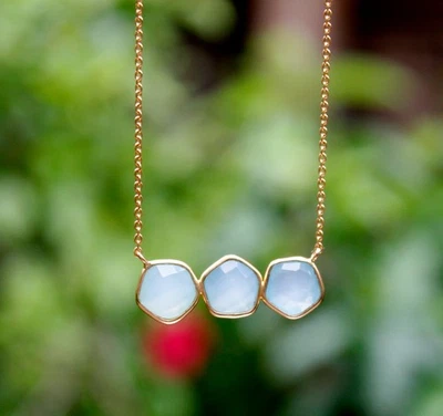 Collana in argento calcedonio placcato oro 16+2" gioielli in argento sterling... - Immagine 1 di 4