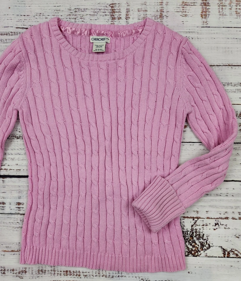Suéter Y2K Cherokee Niñas Rosa Tejido con Cable Algodón Talla 6/6X Clásico Estilo Preppy Foto 1 de 4