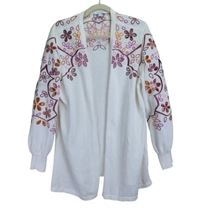 Chicos White Embroidered Open Cardigan Sweater XL Floral Cutouts Cottagecore XL - Picture 1 of 8