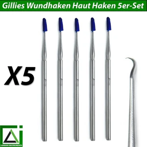 5er-Set Gillies Wundhaken Haut Haken Operationsbesteck Dermatologie Hauthäkchen - Picture 1 of 6