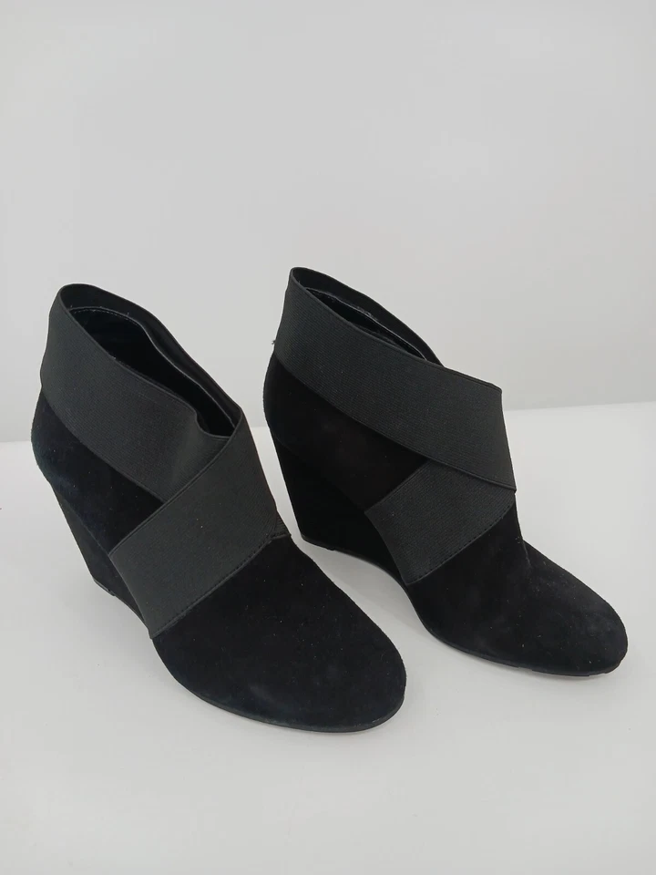 BCBG Generation Mujer Bota 6 Negro Botín Cuero Gamuza Elástico Cuña Media Foto 1 de 4