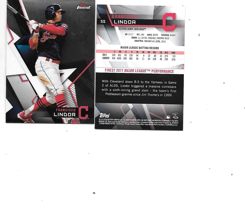 Francisco Lindor 2018 Topps Finest Baseball Card #2 Lot of 2 Cleveland Indians - Image 1 of 1