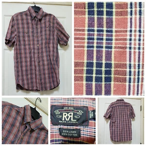 Ralph Lauren RRL Shirt Mens Small Orange Blue Plaid Linen Blend Preppy Double RL - Picture 1 of 21
