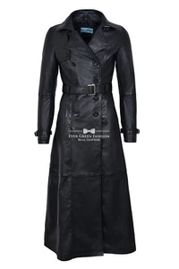 Gabardina de longitud completa negra para dama | Abrigo clásico de cuero real con cinturón 1123 - Imagen 1 de 7