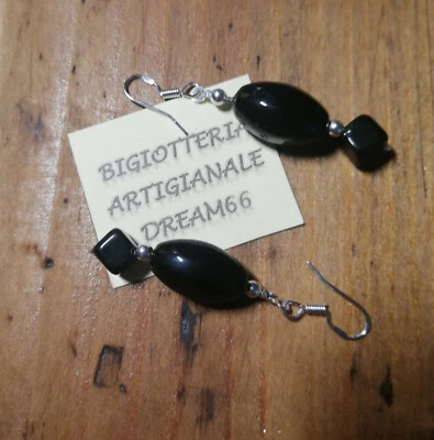 ORECCHINI pendenti ovale e cubi ONICE NERO SFERE E MONACHELLE ARGENTO 925 - Immagine 1 di 2