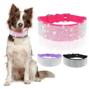 Bling Rhinestone Dog Collars Soft Suede Leather Cute Diamante for Large Dog - Picture 1 of 15